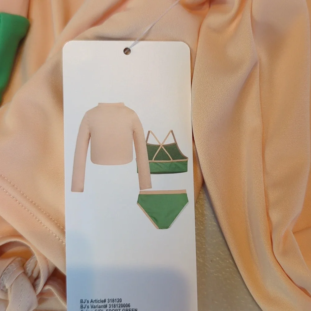 Reebok, Green And Peach Color Block Three-piece Swim Set. Size 10